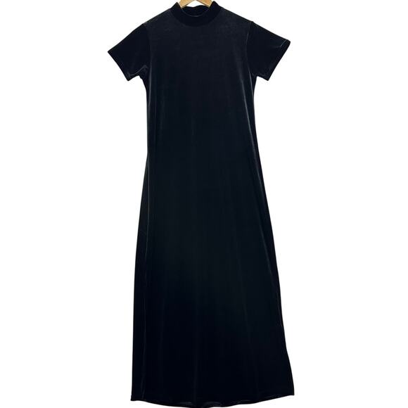 Walter Medium Black Short Sleeve Maxi Dress‎ Velvet Mock Neck Romantic Goth Sexy - Picture 1 of 12
